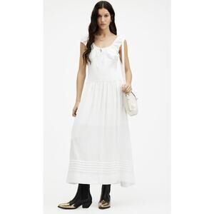 AllSaints Eliza Dress Size 10 WHITE Maxi Smocked Scoop Neck Sleeveless w/Pockets